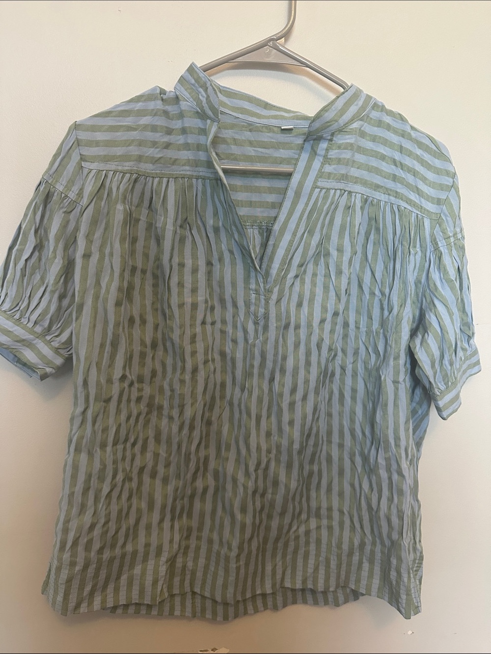 Light Green Striped Short Sleeve V-Neck Top